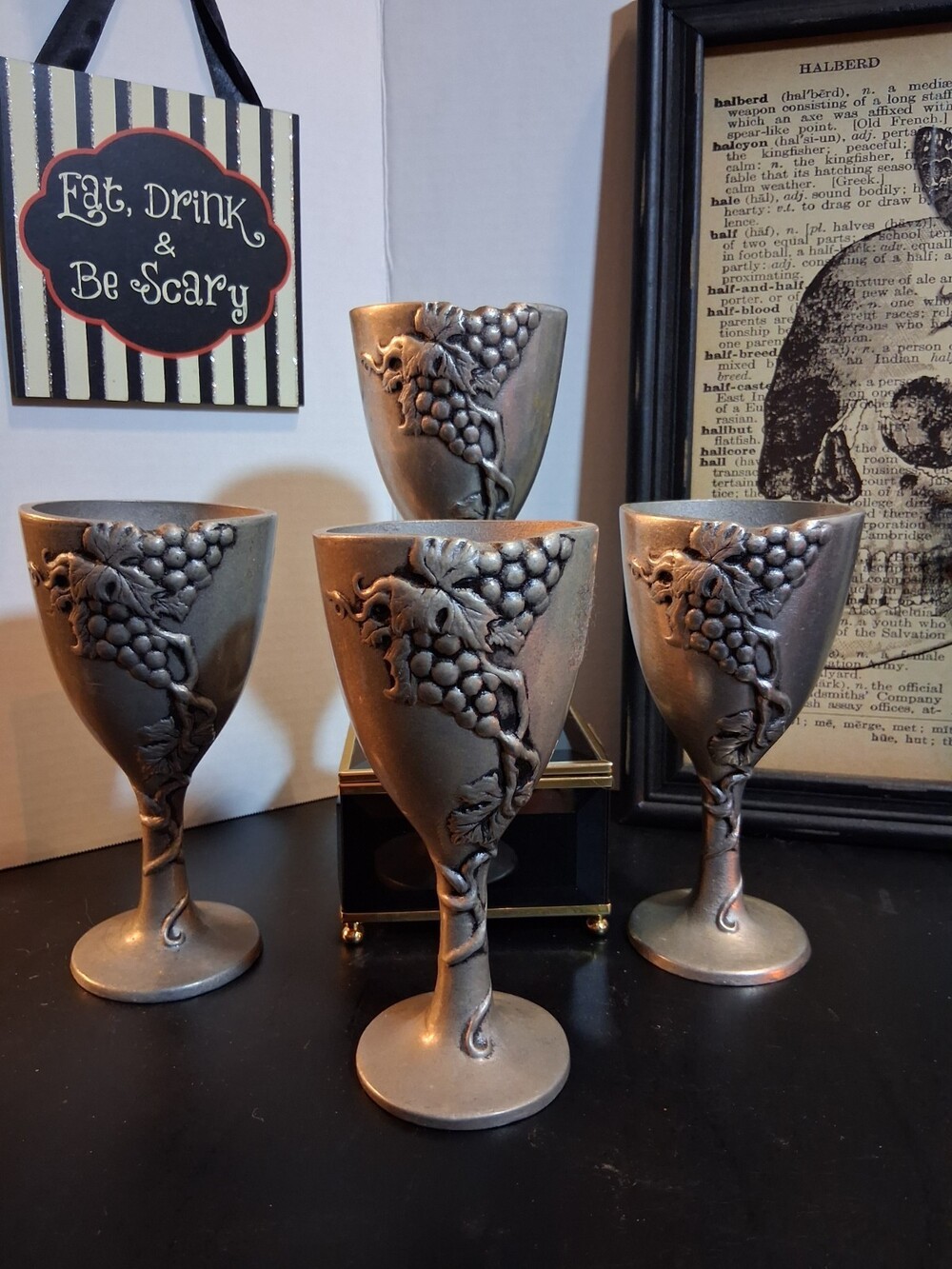 VTG 'Carson Statesmetal' Wine Goblets;Grape+Vine Design; Pewter; Chalice Style